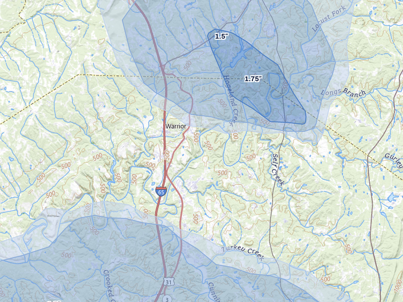 NEXRAD radar-signature map of the hail storm over Warrior, AL on Jul 1, 2026