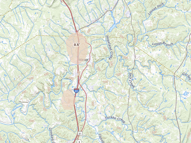 Radar-estimated hail-size map of the storm over Warrior, AL on Aug 6, 2026