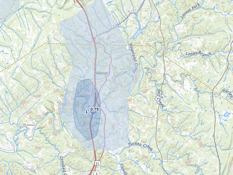 NEXRAD radar-signature map of the hail storm over Warrior, AL on Aug 6, 2026