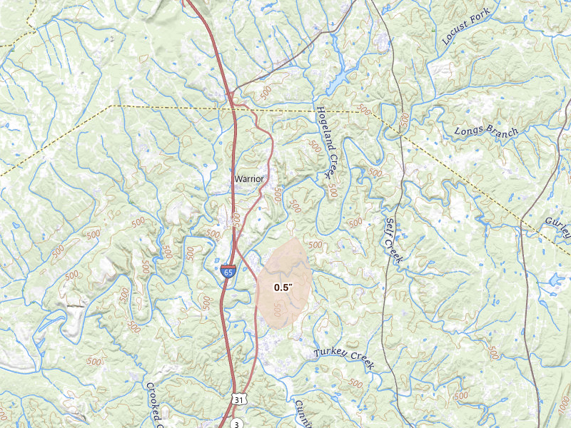 Radar-estimated hail-size map of the storm over Warrior, AL on Aug 8, 2026