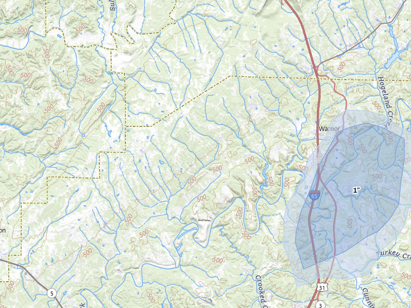 NEXRAD radar-signature map of the hail storm over Warrior, AL on Aug 8, 2026