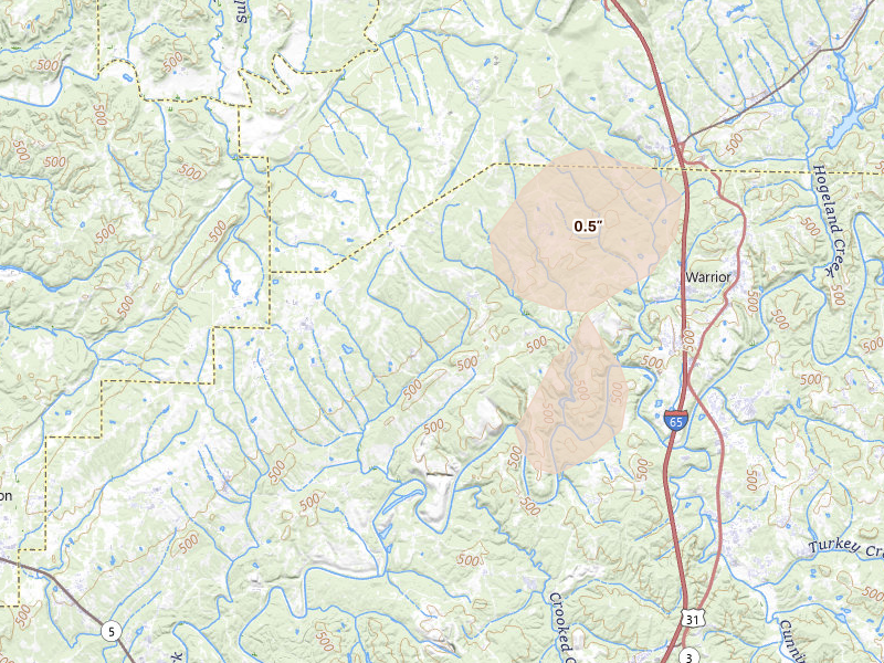 Radar-estimated hail-size map of the storm over Warrior, AL on Aug 17, 2026