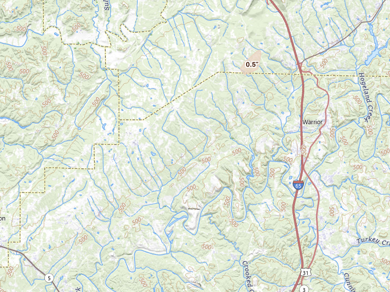 Radar-estimated hail-size map of the storm over Warrior, AL on Aug 20, 2026