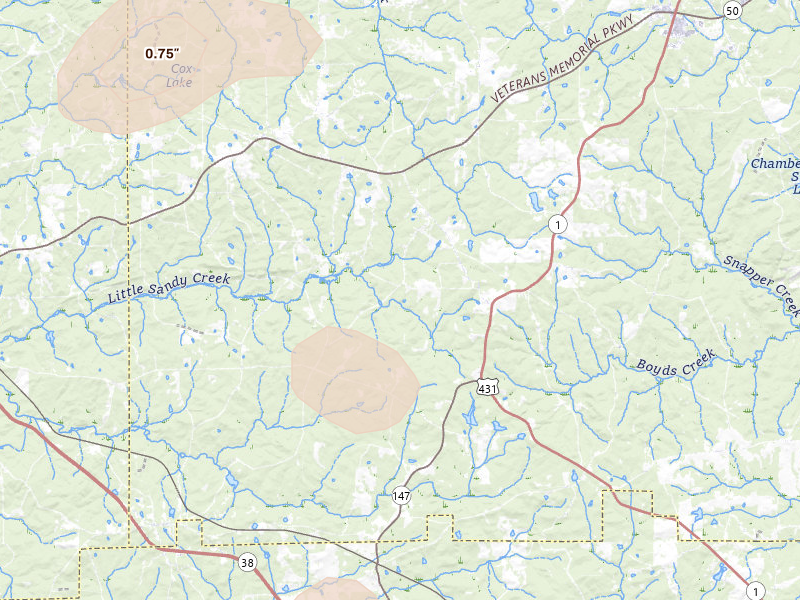 Radar-estimated hail-size map of the storm over Waverly, AL on Jul 9, 2026