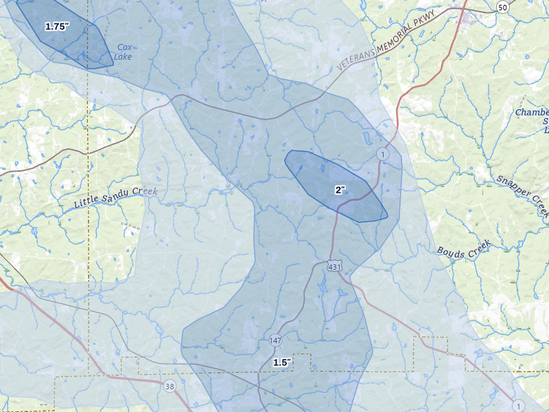 NEXRAD radar-signature map of the hail storm over Waverly, AL on Jul 9, 2026