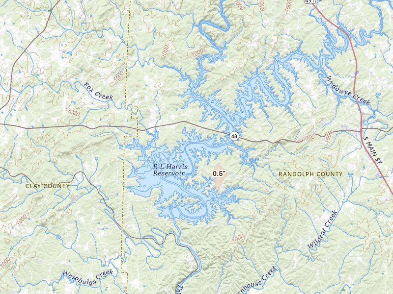 Radar-estimated hail-size map of the storm over Wedowee, AL on Mar 15, 2026