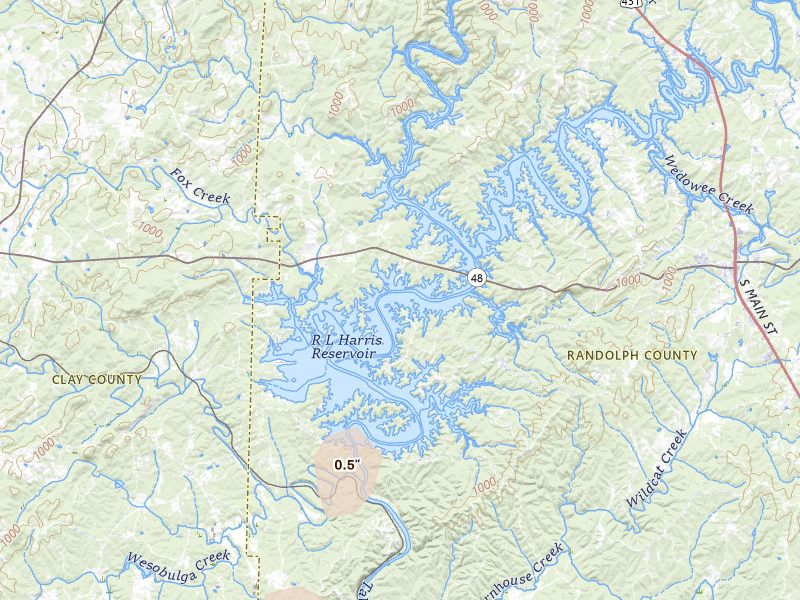 Radar-estimated hail-size map of the storm over Wedowee, AL on Jun 9, 2026