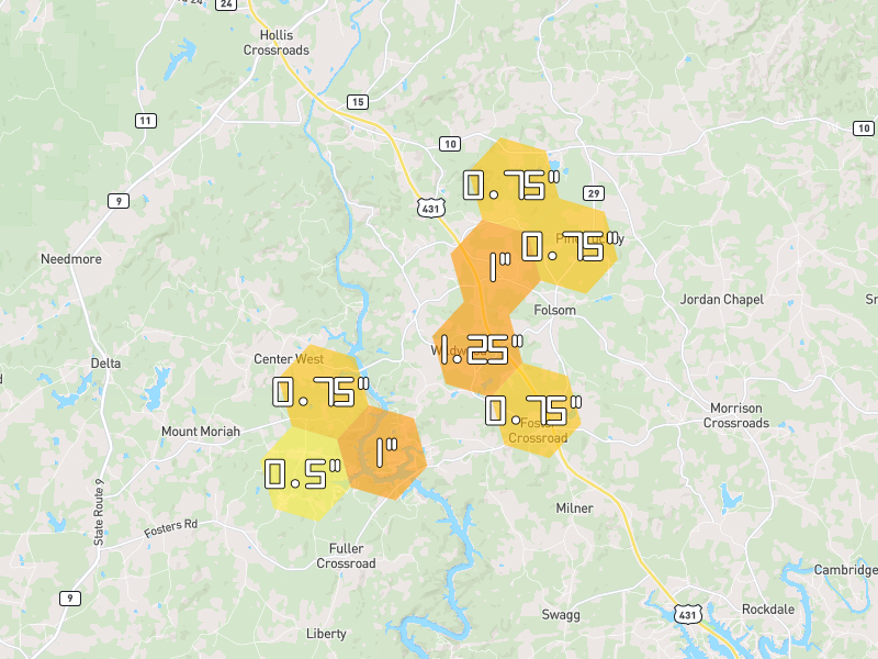 Hail map of Wedowee, AL on Jul 3, 2026, hail up to 1.25"