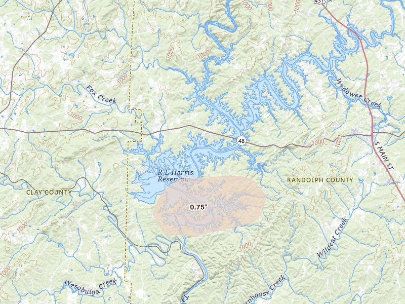 Radar-estimated hail-size map of the storm over Wedowee, AL on Sep 3, 2026