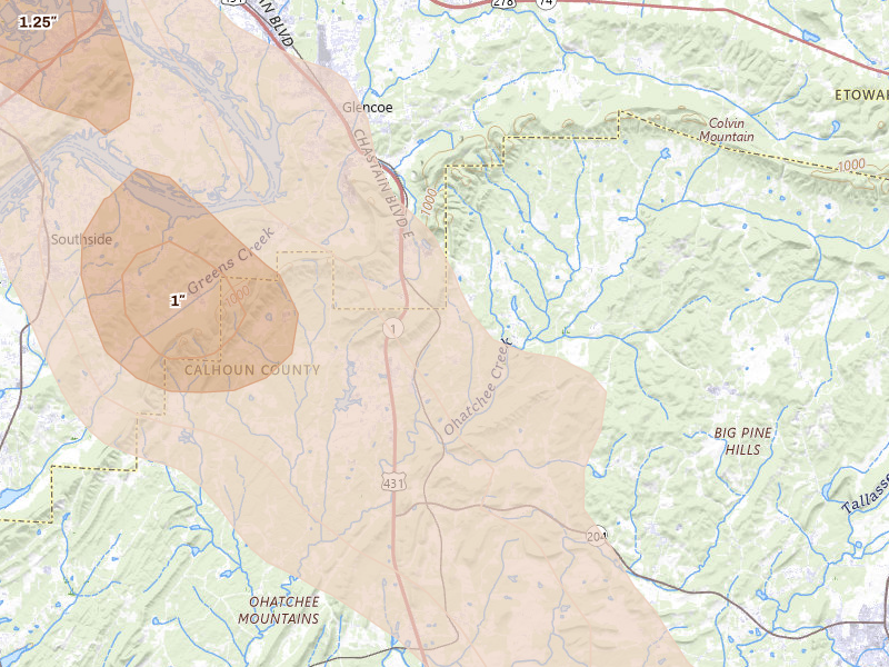 Radar-estimated hail-size map of the storm over Wellington, AL on Jun 1, 2026