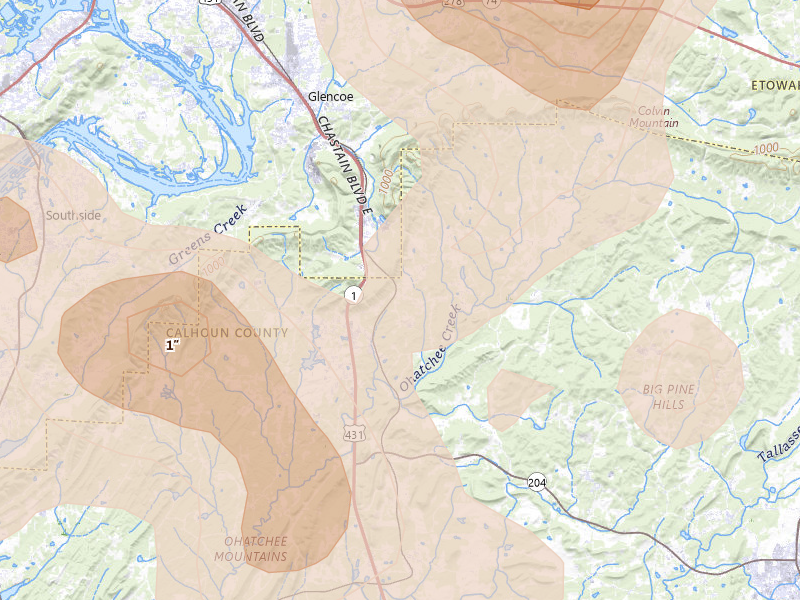 Radar-estimated hail-size map of the storm over Wellington, AL on Jul 1, 2026