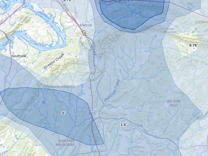 NEXRAD radar-signature map of the hail storm over Wellington, AL on Jul 1, 2026