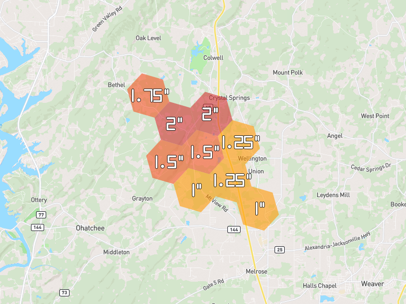 Hail map of Wellington, AL on Jul 1, 2026, hail up to 2"