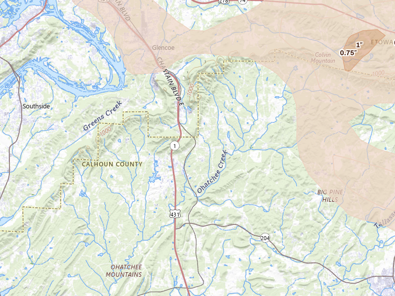 Radar-estimated hail-size map of the storm over Wellington, AL on Jul 2, 2026