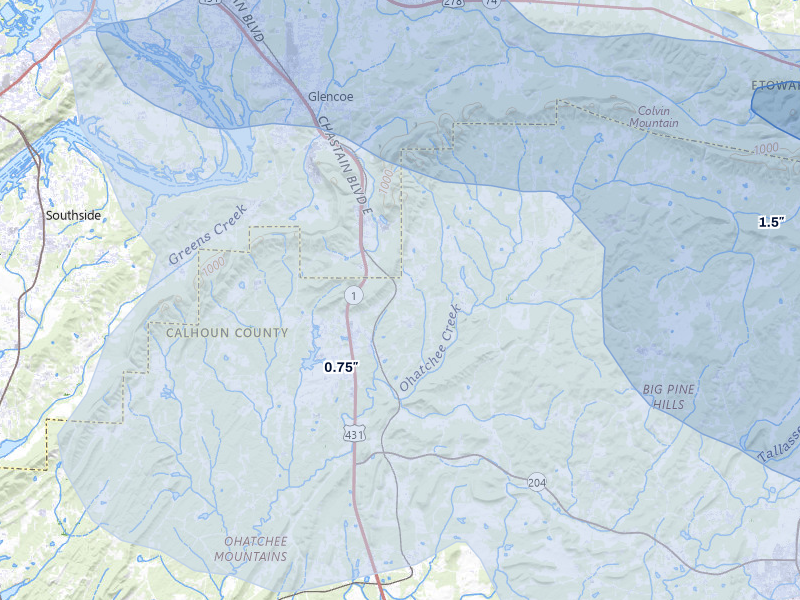 NEXRAD radar-signature map of the hail over Wellington, AL
