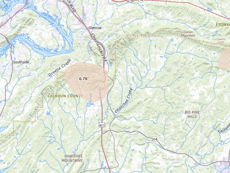 Radar-estimated hail-size map of the storm over Wellington, AL on Aug 9, 2026