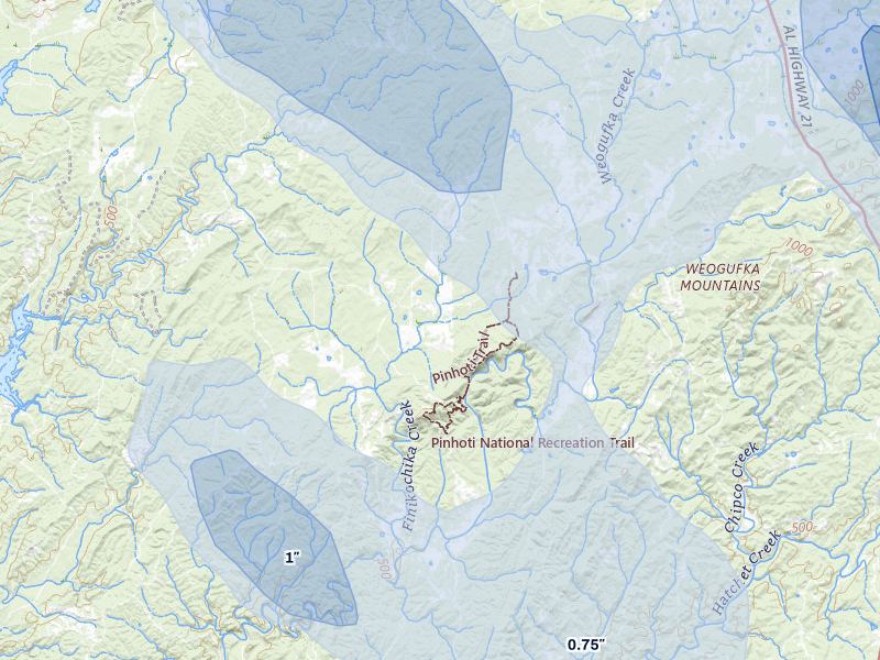 NEXRAD radar-signature map of the hail storm over Weogufka, AL on Jun 1, 2026