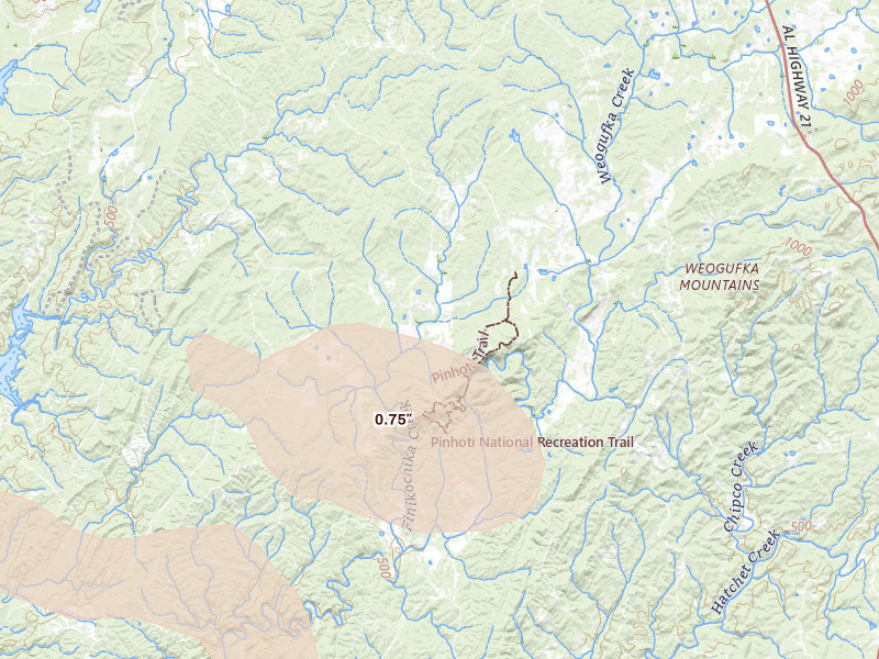 Radar-estimated hail-size map of the storm over Weogufka, AL on Jul 1, 2026