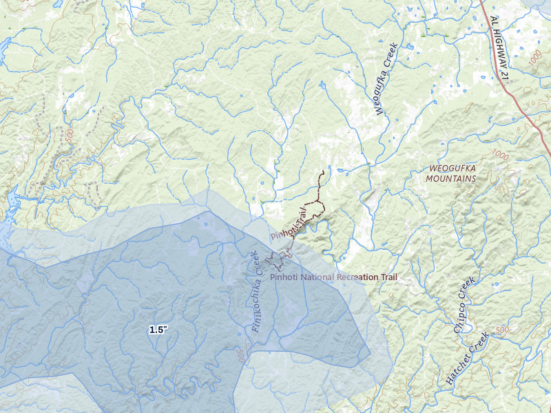 NEXRAD radar-signature map of the hail storm over Weogufka, AL on Jul 1, 2026