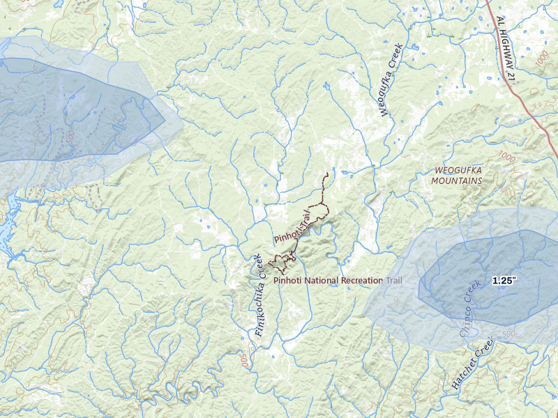 NEXRAD radar-signature map of the hail storm over Weogufka, AL on Jul 9, 2026
