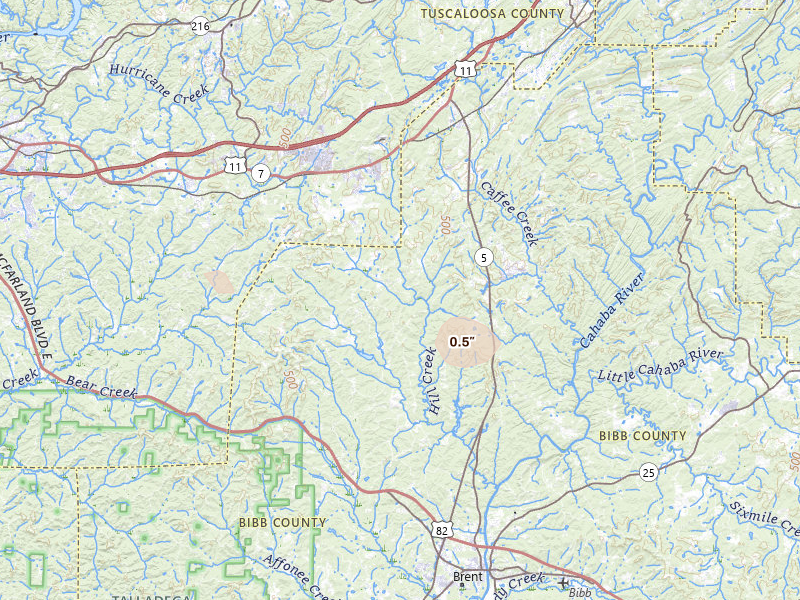 Radar-estimated hail-size map of the storm over West Blocton, AL on Jun 1, 2026