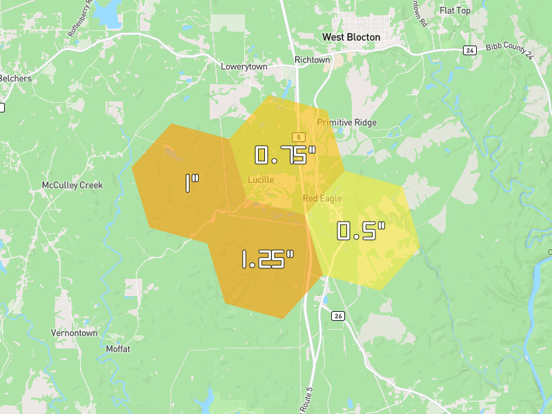 Hail map of West Blocton, AL on Jun 1, 2026, hail up to 1.25"