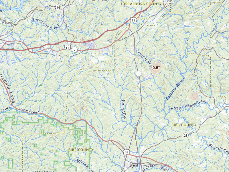 Radar-estimated hail-size map of the storm over West Blocton, AL on Jul 9, 2026