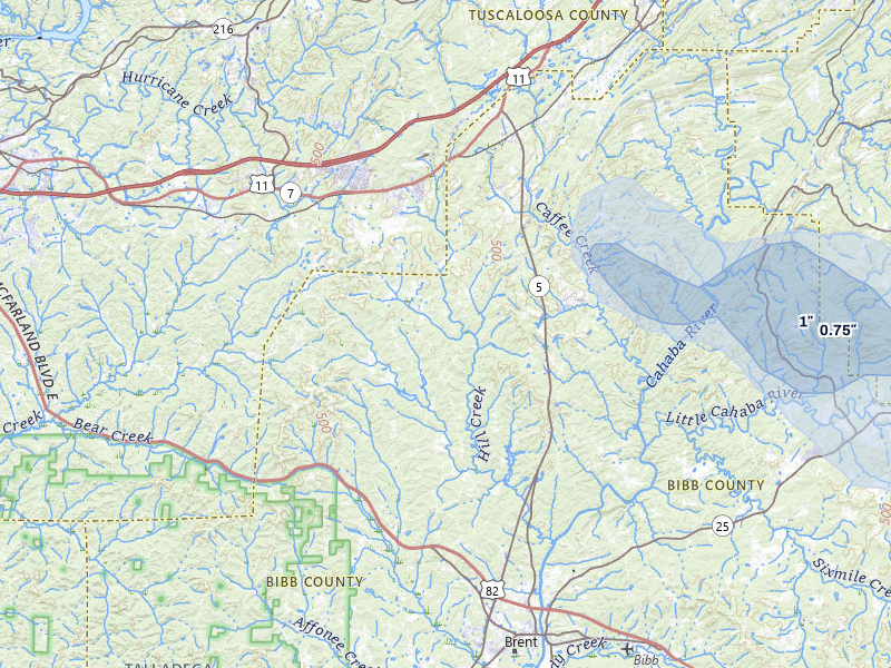 NEXRAD radar-signature map of the hail storm over West Blocton, AL on Jul 9, 2026