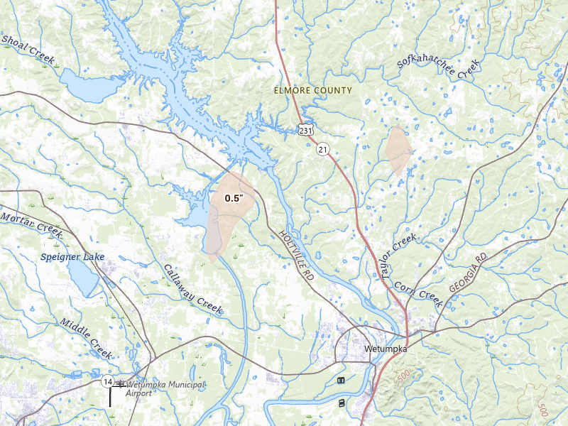 Radar-estimated hail-size map of the storm over Wetumpka, AL on Mar 15, 2026