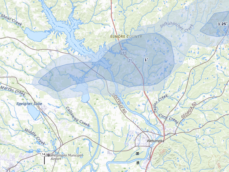 NEXRAD radar-signature map of the hail over Wetumpka, AL