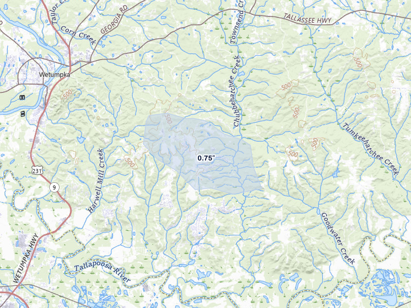 NEXRAD radar-signature map of the hail storm over Wetumpka, AL on Jul 31, 2026