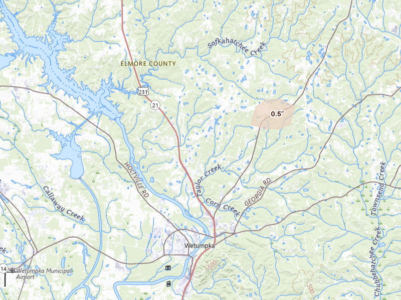Radar-estimated hail-size map of the storm over Wetumpka, AL on Aug 13, 2026