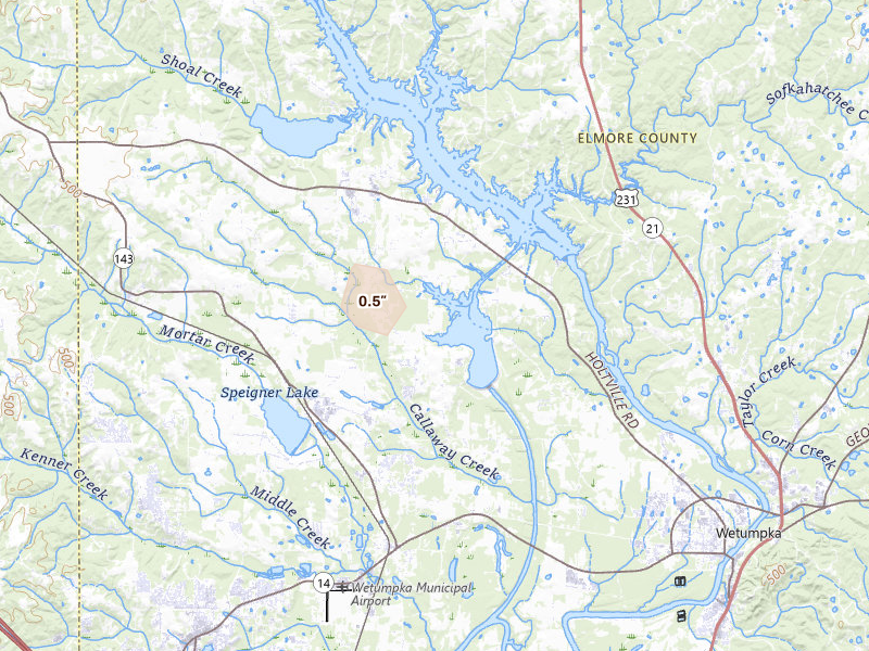 Radar-estimated hail-size map of the storm over Wetumpka, AL on Aug 14, 2026