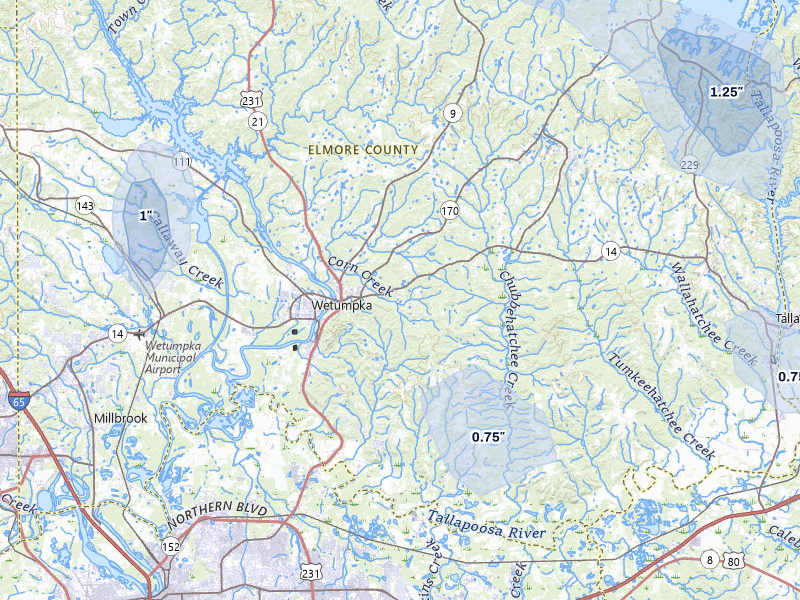NEXRAD radar-signature map of the hail storm over Wetumpka, AL on Aug 14, 2026