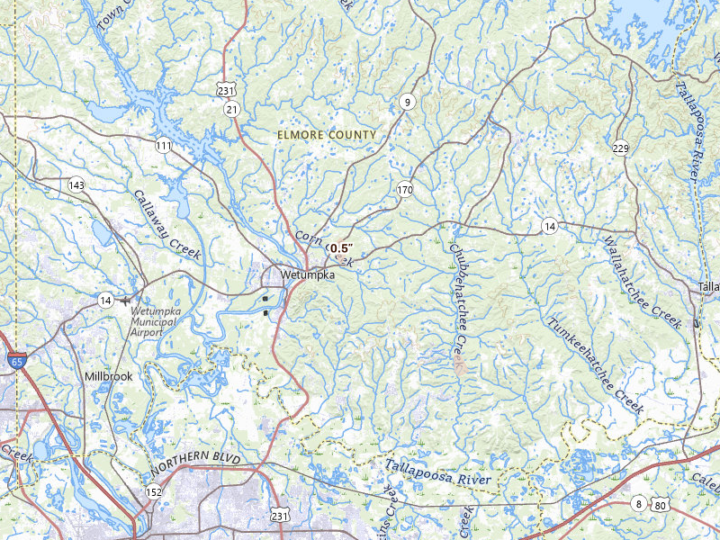 Radar-estimated hail-size map of the storm over Wetumpka, AL on Aug 21, 2026