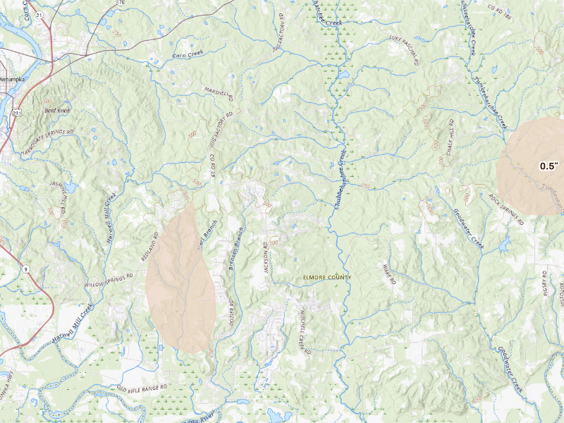 Radar-estimated hail-size map of the storm over Wetumpka, AL