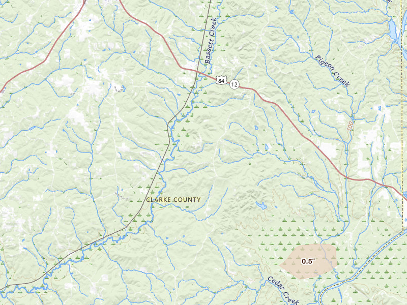 Radar-estimated hail-size map of the storm over Whatley, AL on Jun 30, 2026