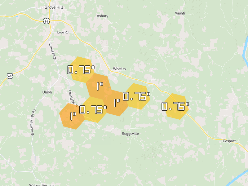 Hail map of Whatley, AL on Jul 1, 2026, hail up to 1"