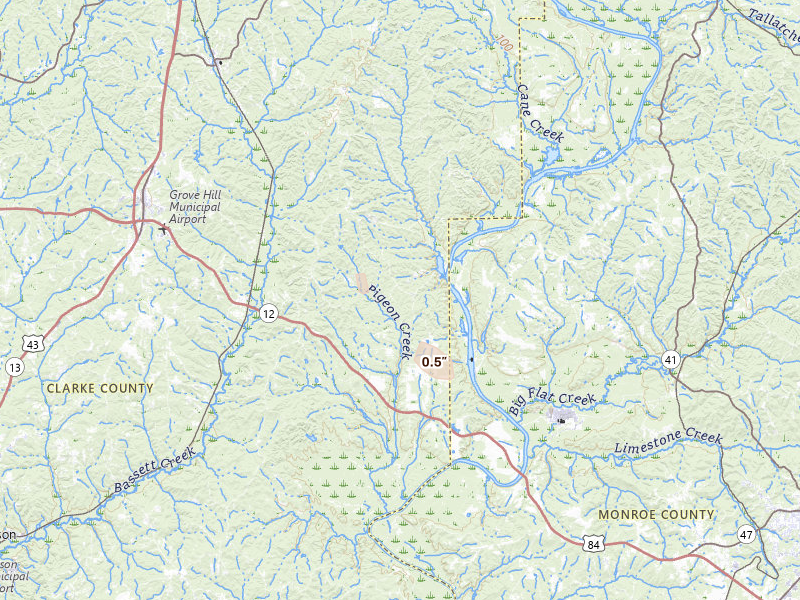 Radar-estimated hail-size map of the storm over Whatley, AL on Aug 6, 2026