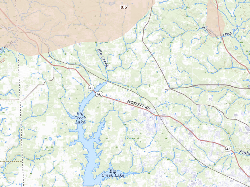 Radar-estimated hail-size map of the storm over Wilmer, AL on May 8, 2026