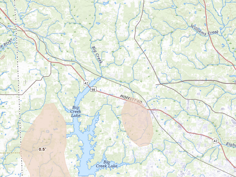 Radar-estimated hail-size map of the storm over Wilmer, AL on Jul 30, 2026