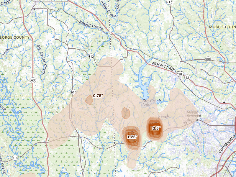 Radar-estimated hail-size map of the storm over Wilmer, AL on Aug 20, 2026