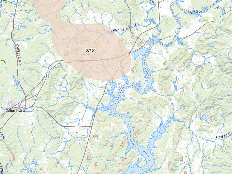 Radar-estimated hail-size map of the storm over Wilsonville, AL on Jun 1, 2026