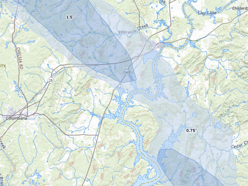 NEXRAD radar-signature map of the hail over Wilsonville, AL