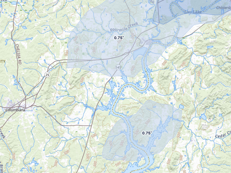 NEXRAD radar-signature map of the hail over Wilsonville, AL