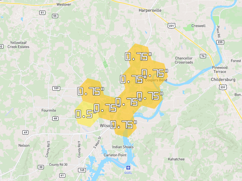 Hail map of Wilsonville, AL on Jul 3, 2026, hail up to 0.75"
