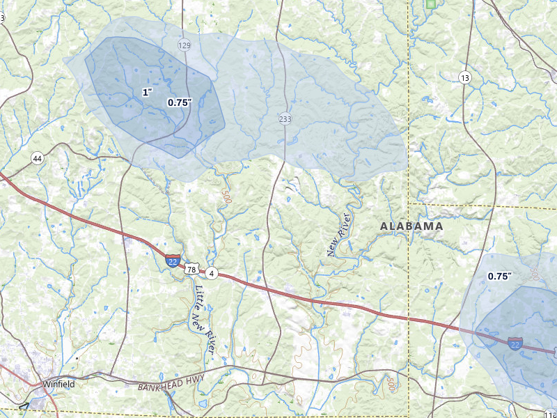 NEXRAD radar-signature map of the hail storm over Winfield, AL on Jun 1, 2026