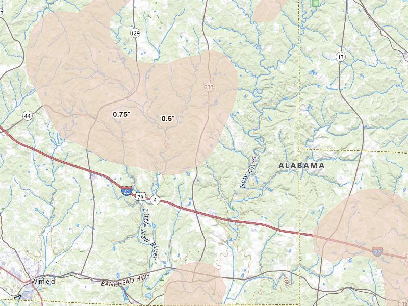 Radar-estimated hail-size map of the storm over Winfield, AL on Jul 1, 2026