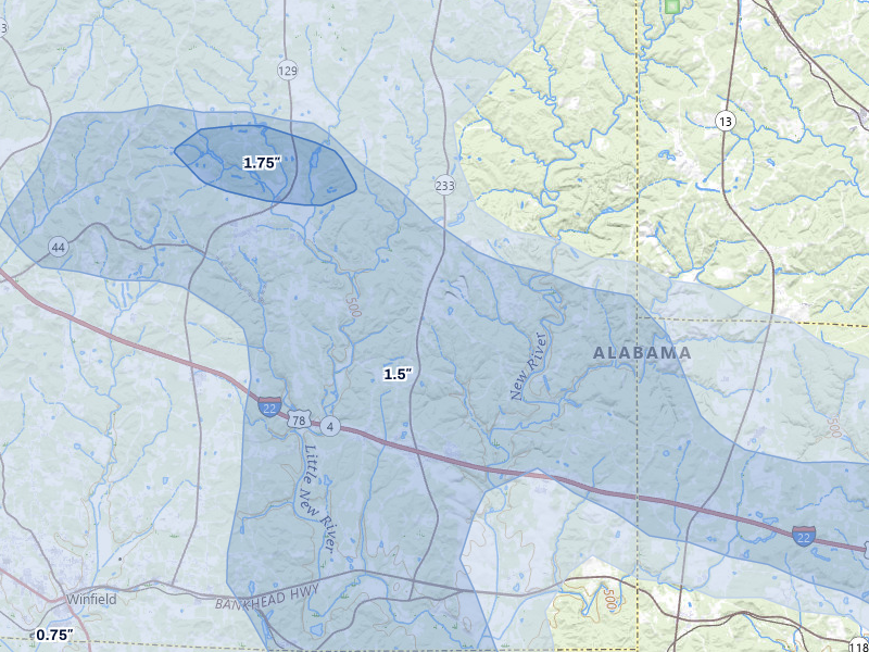 NEXRAD radar-signature map of the hail storm over Winfield, AL on Jul 1, 2026