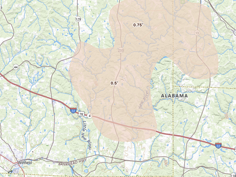 Radar-estimated hail-size map of the storm over Winfield, AL on Jul 26, 2026